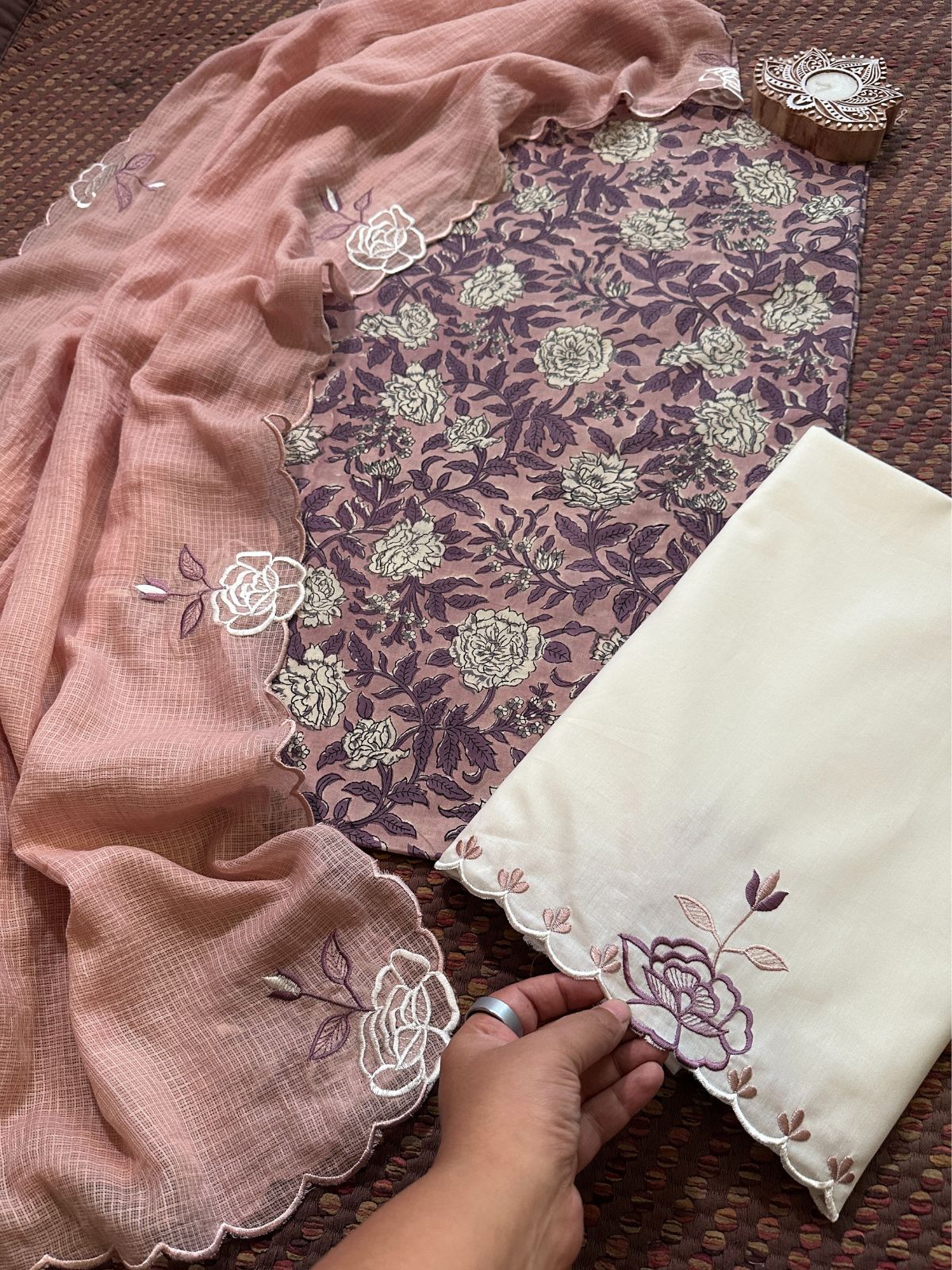 Pure Cotton Hand-block Fabric with Embroidered Bottom & Kota Doria Dupatta