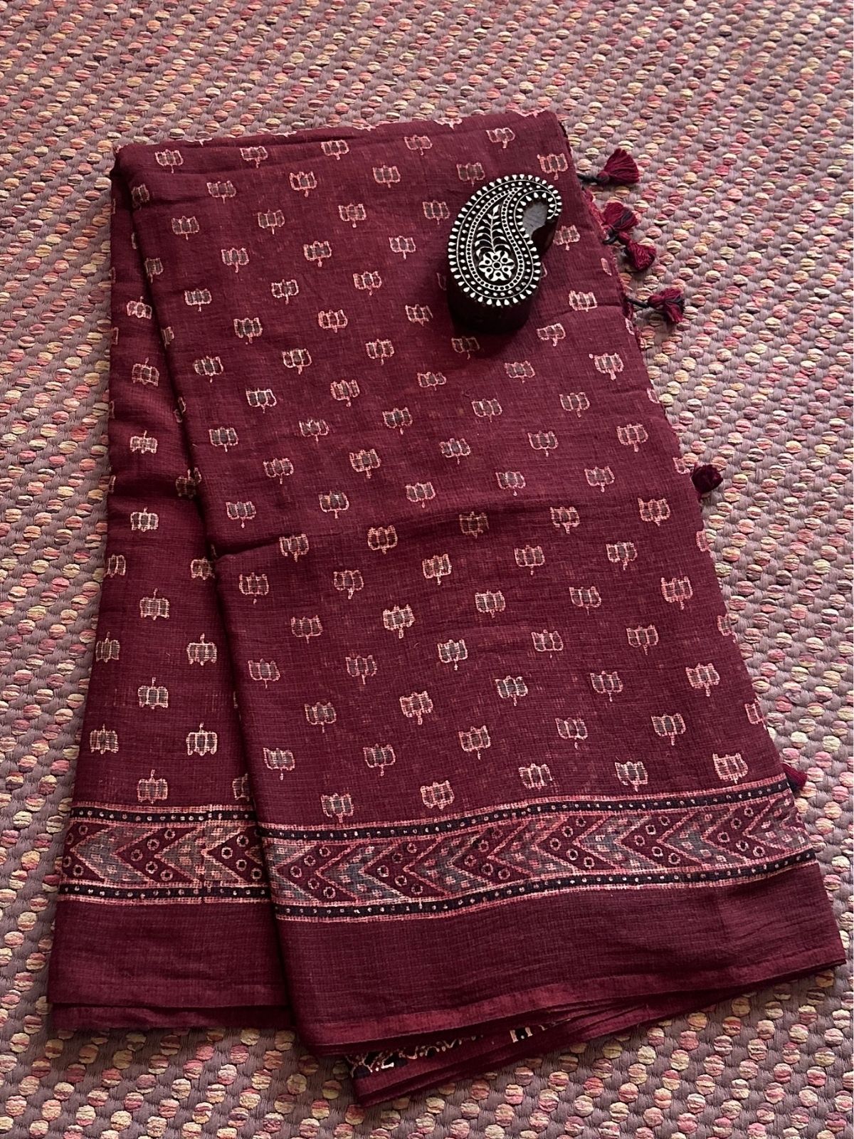 Ajrak Handblocked Kota Doria Embroidered Saree with Blouse Fabric