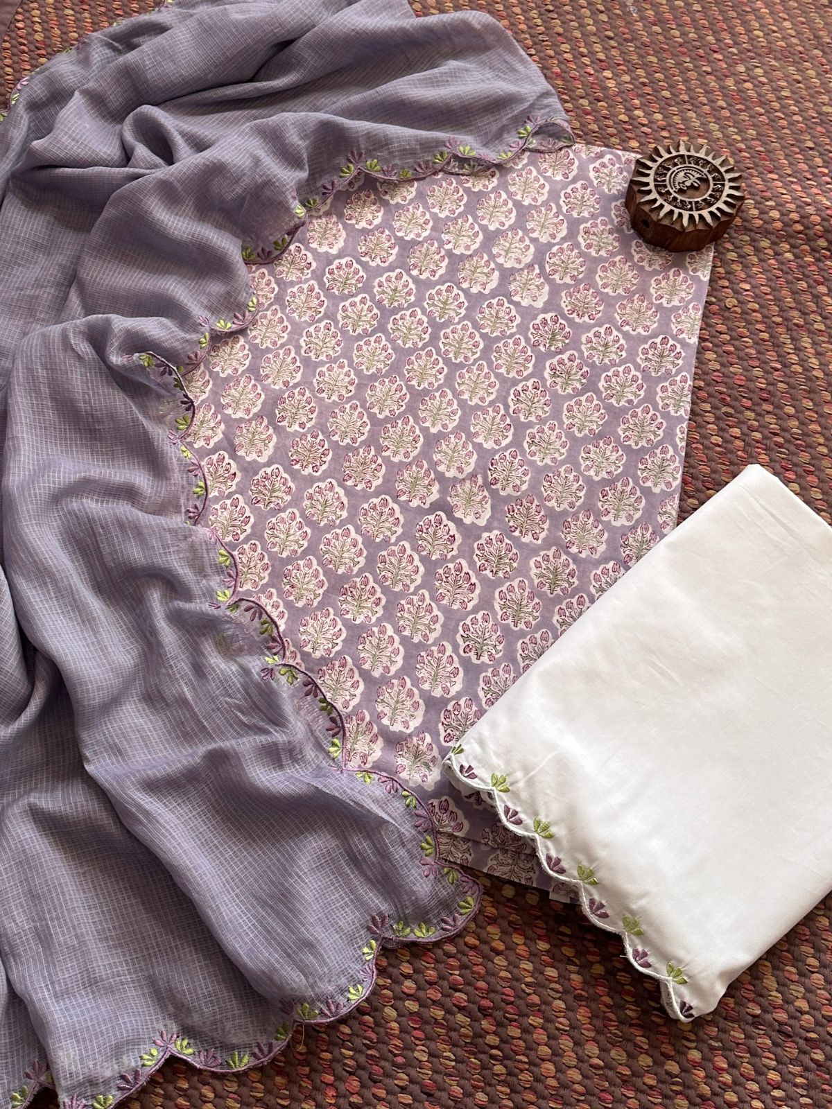 Pure Cotton Hand-block Fabric with Exclusive Embroidered Bottom & Kota Doria Dupatta