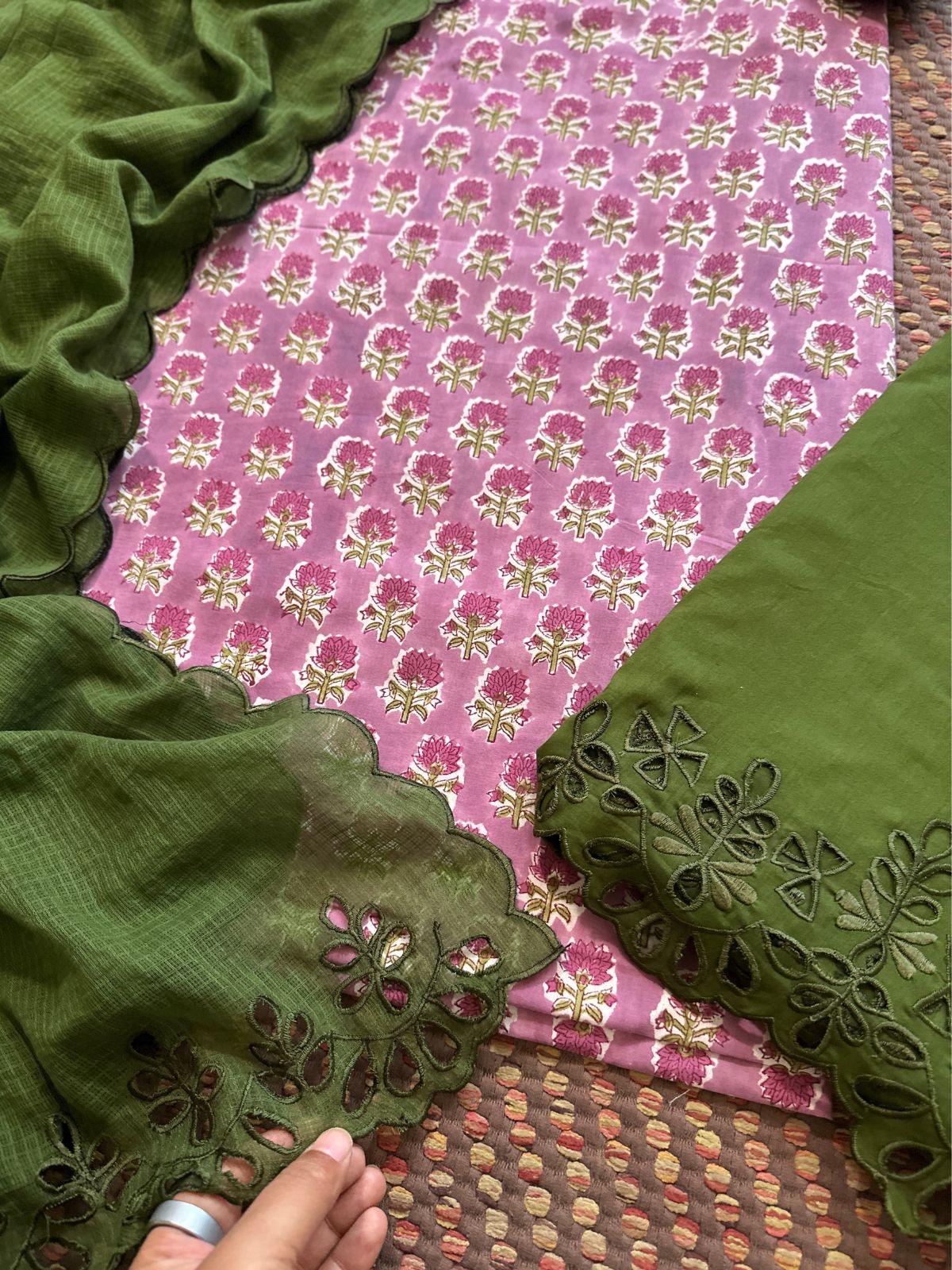 Pure Cotton Hand-blocked Fabric with Cutwork Bottom & Kota Doria Dupatta