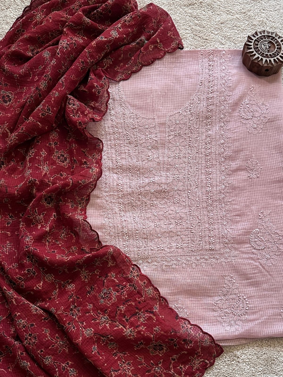 Chikankari Hand Embroidered Fabric with Ajrak Hadblocked Kota Dupatta