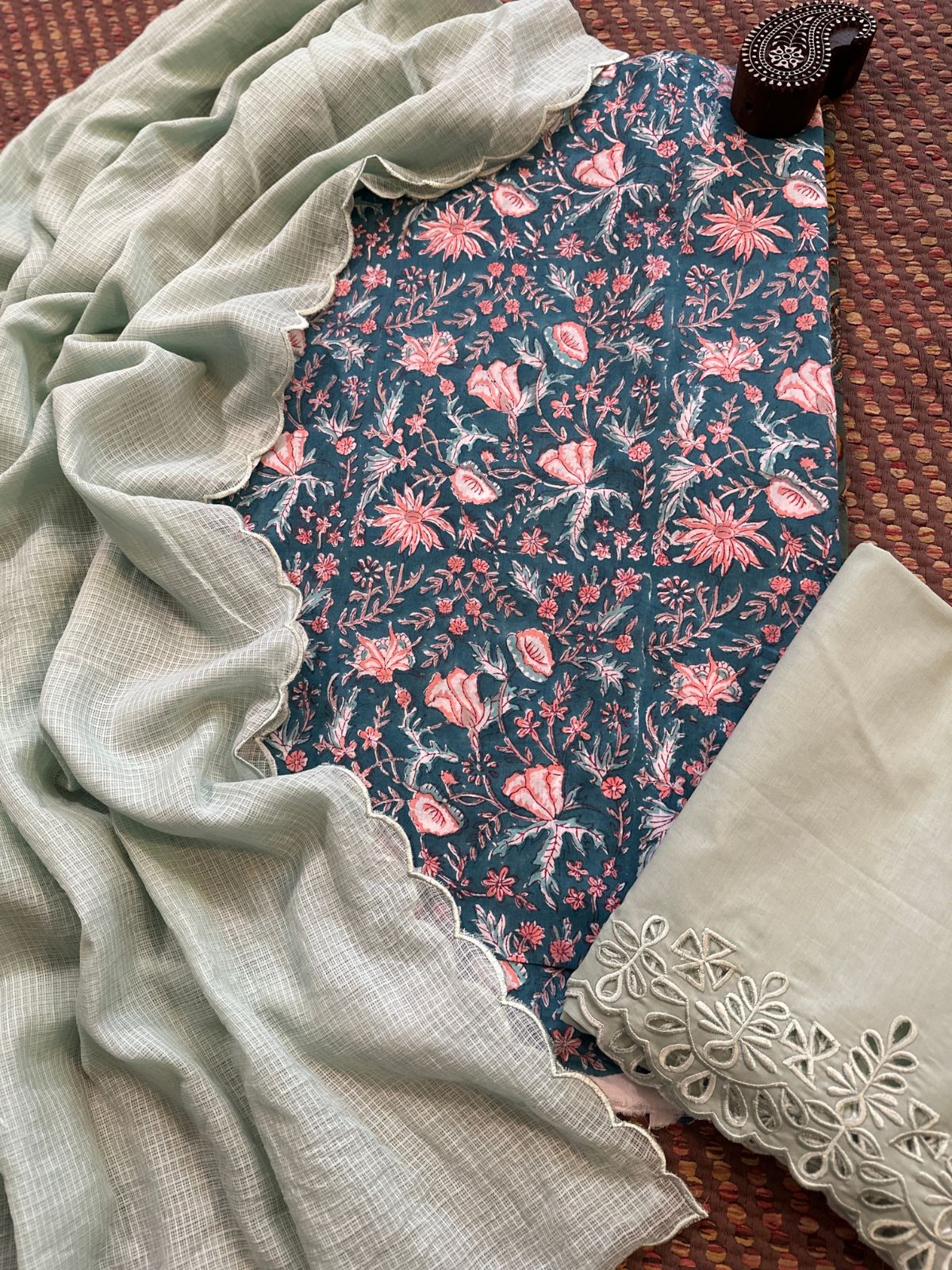 Pure Cotton Hand-blocked Fabric with Cutwork Bottom & Kota Doria Dupatta