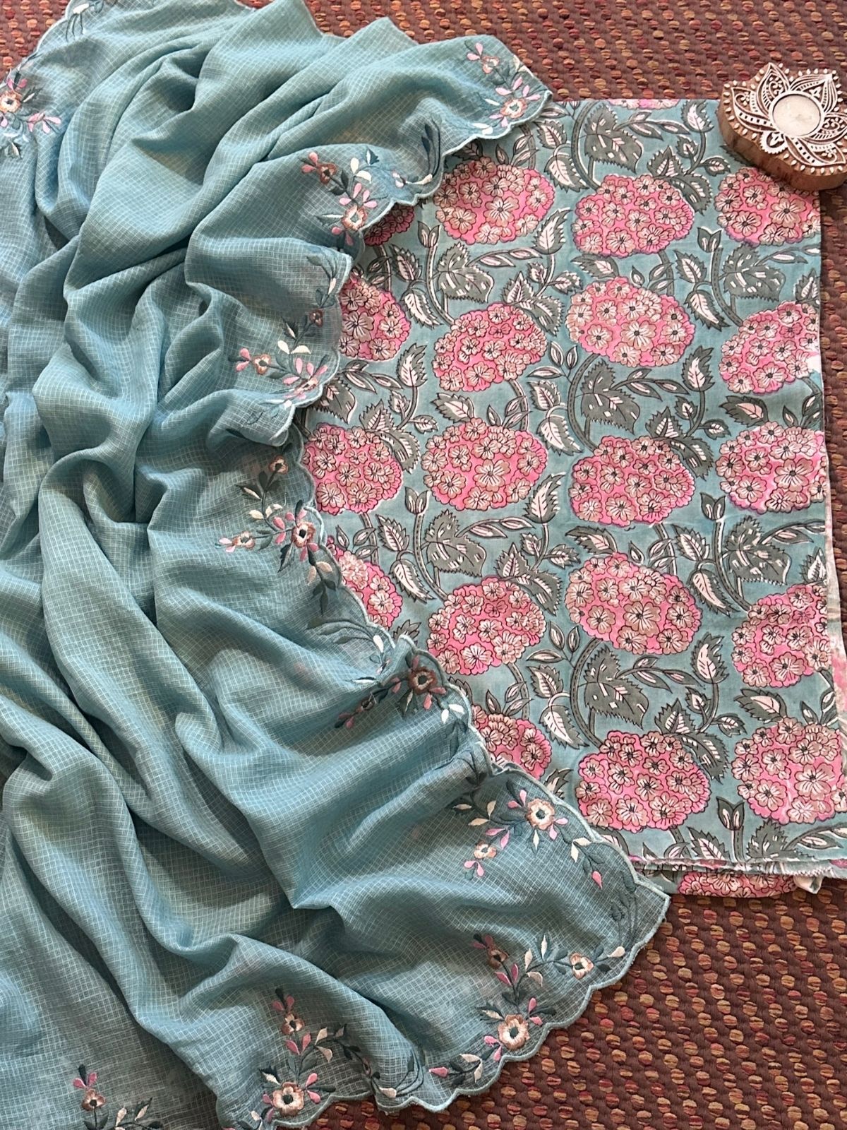 Pure Cotton Handblock Fabric with Exclusive Embroidered Dupatta