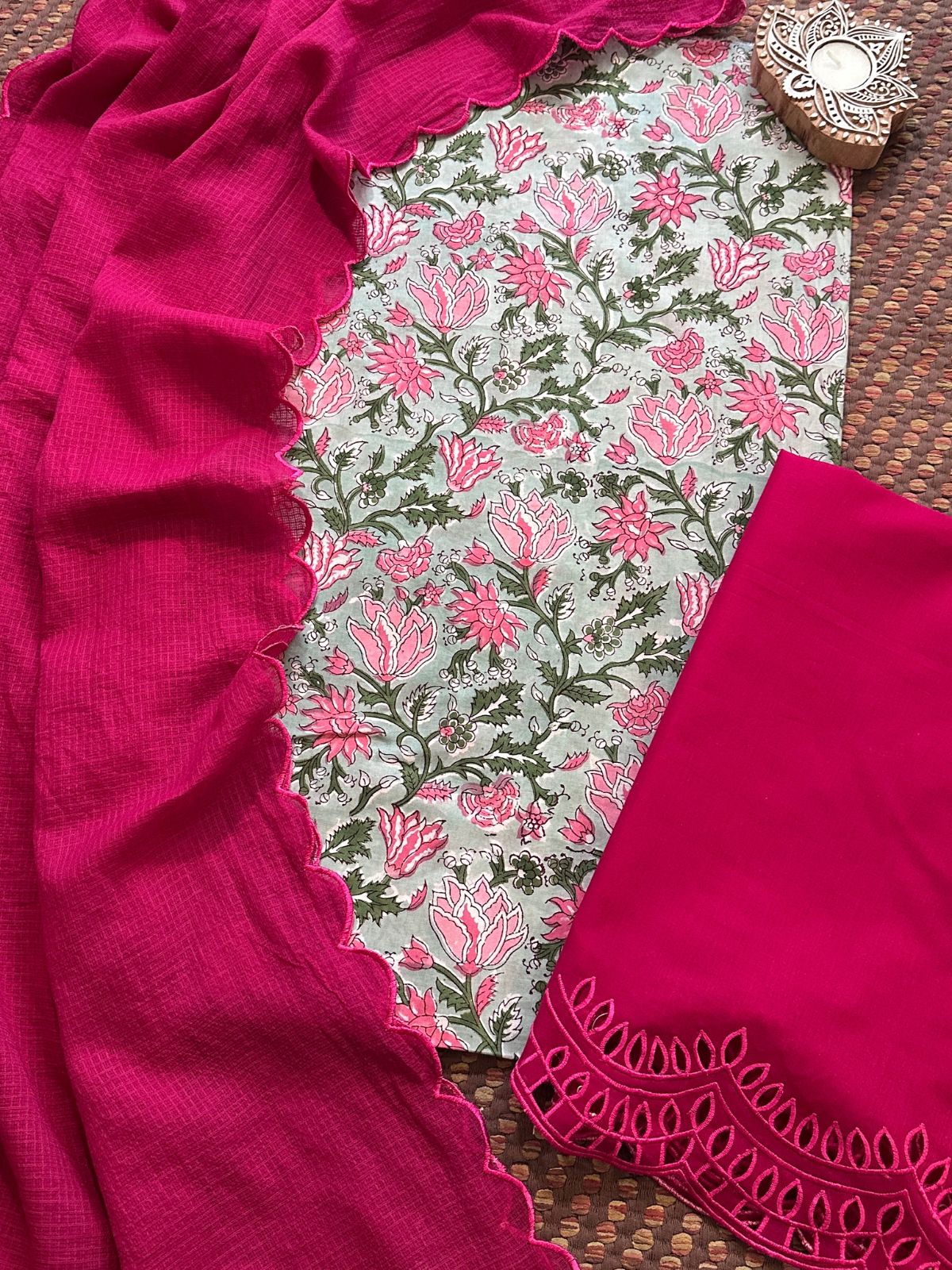 Pure Cotton Hand-blocked Fabric with Cutwork Bottom & Kota Doria Dupatta