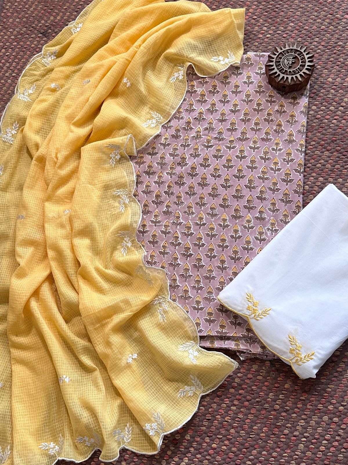 Pure Cotton Hand-block Fabric with Embroidered Bottom & Kota Doria Dupatta