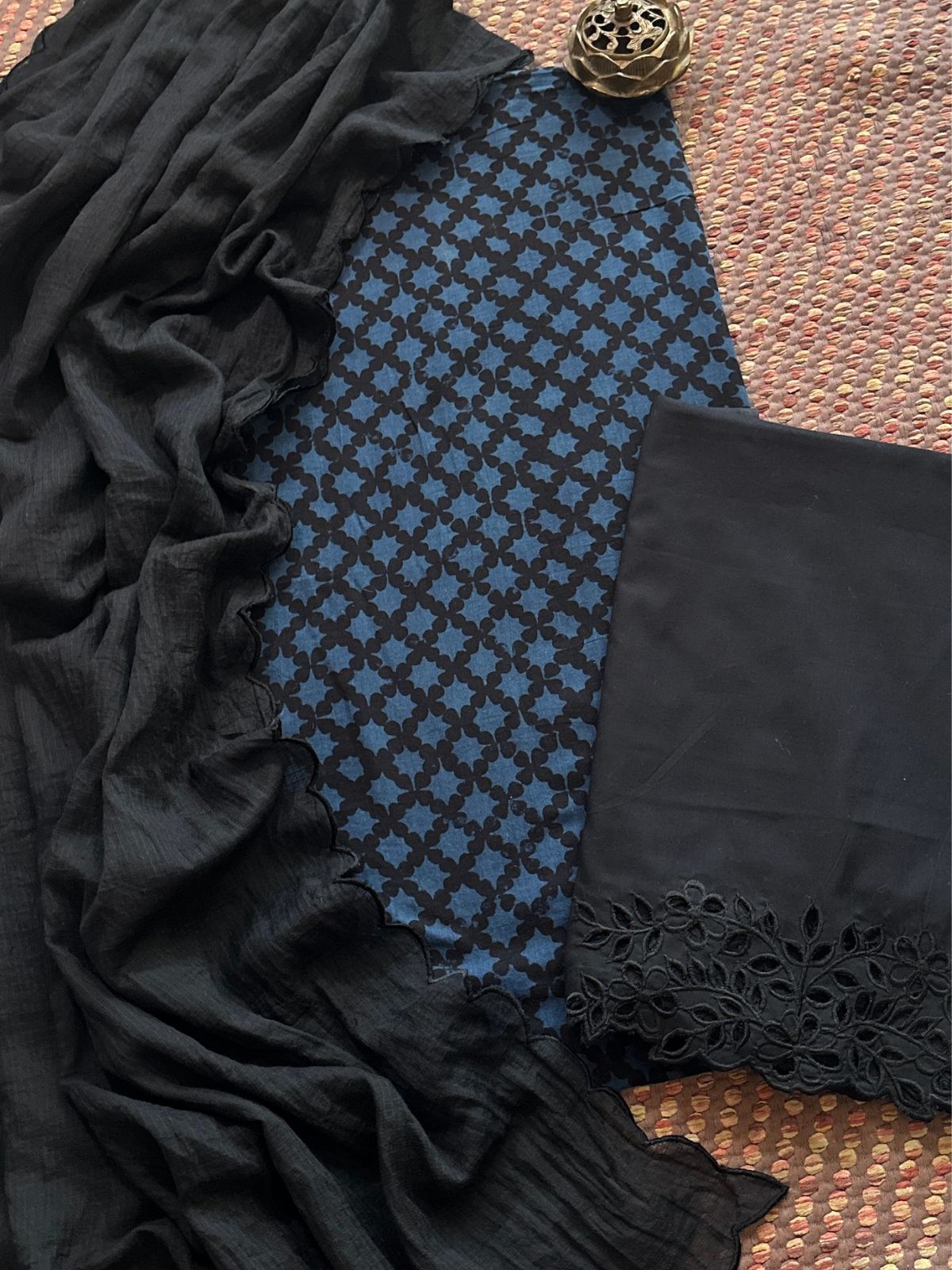 Pure Cotton Malmal Ajrak Fabric withCutwork Bottom & Kota Dupatta