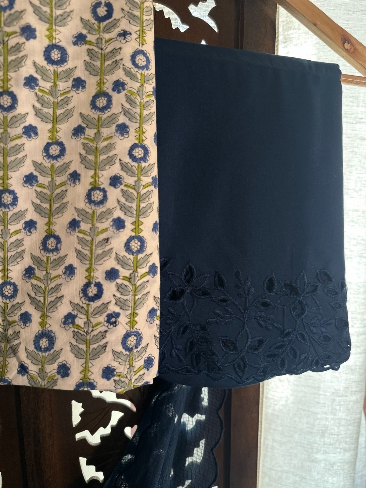 Pure Cotton Hand-blocked Fabric with Cutwork Bottom & Kota Doria Dupatta