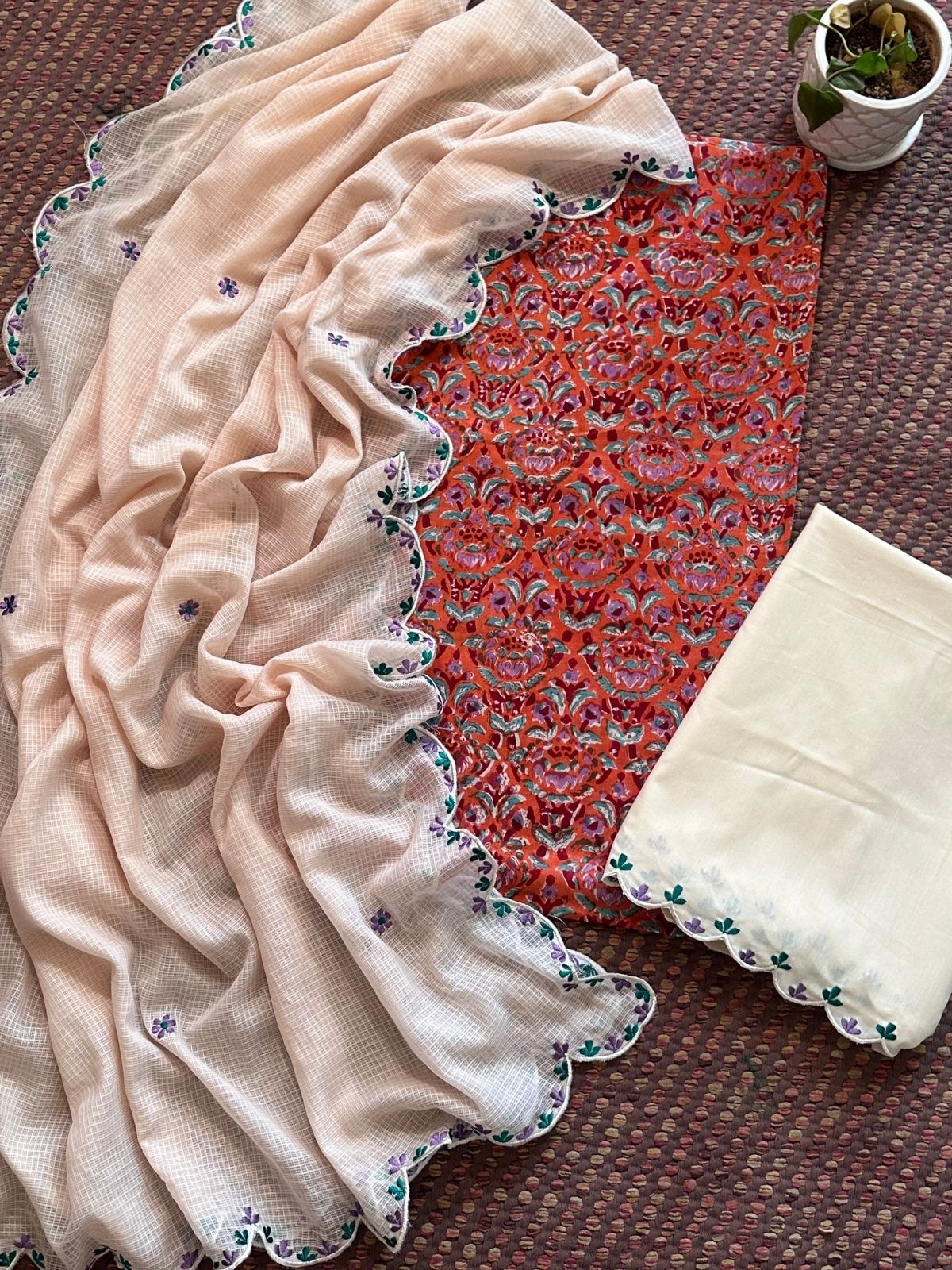 Pure Cotton Malmal Hand blocked Set with Embroidered Dupatta