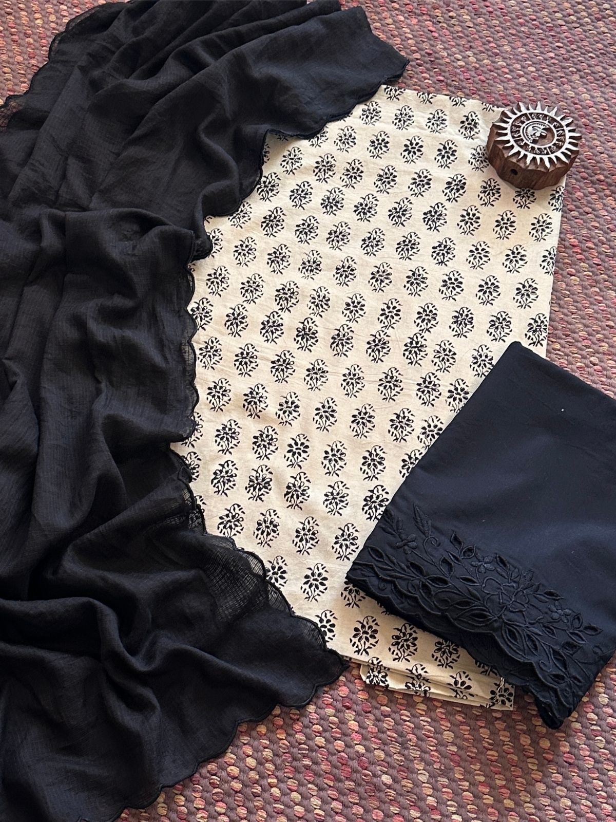 Pure Cotton Hand-blocked Fabric with Cutwork Bottom & Kota Doria Dupatta