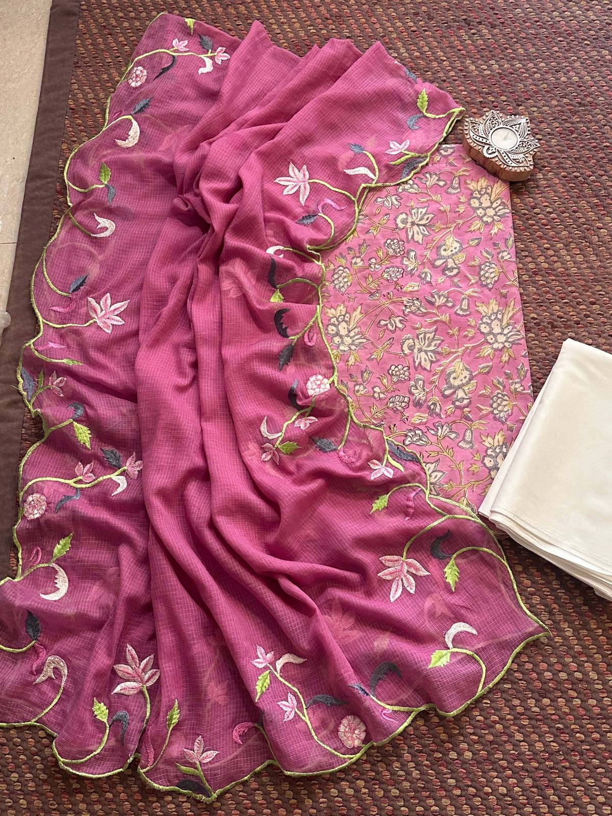 Pure Cotton Hand-blocked Fabric with Embroidered Dupatta