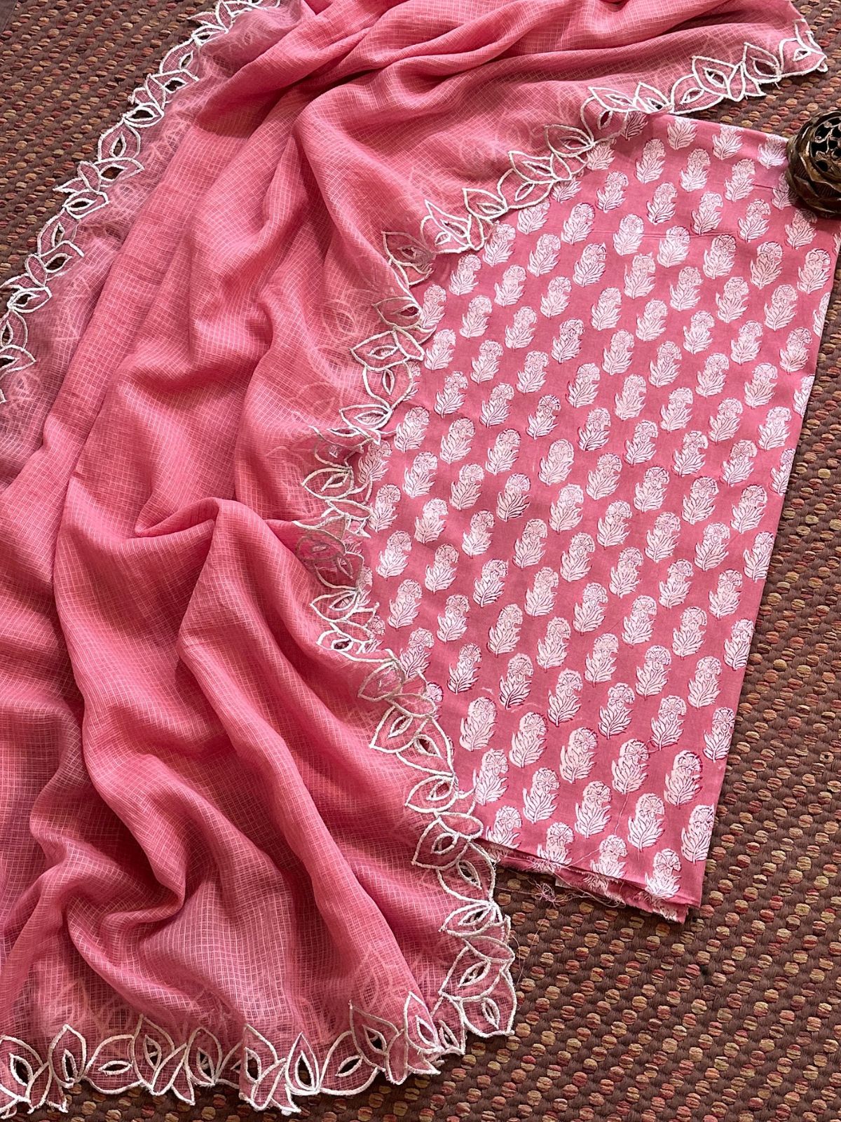 Pure Cotton Handblock Fabric with Cutwork Embroidered Dupatta
