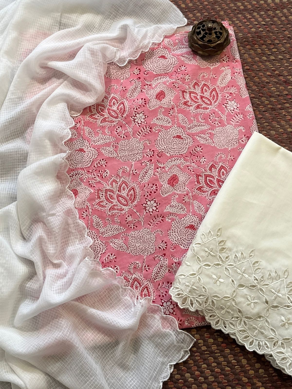 Pure Cotton Hand-blocked Fabric with Cutwork Bottom & Kota Doria Dupatta