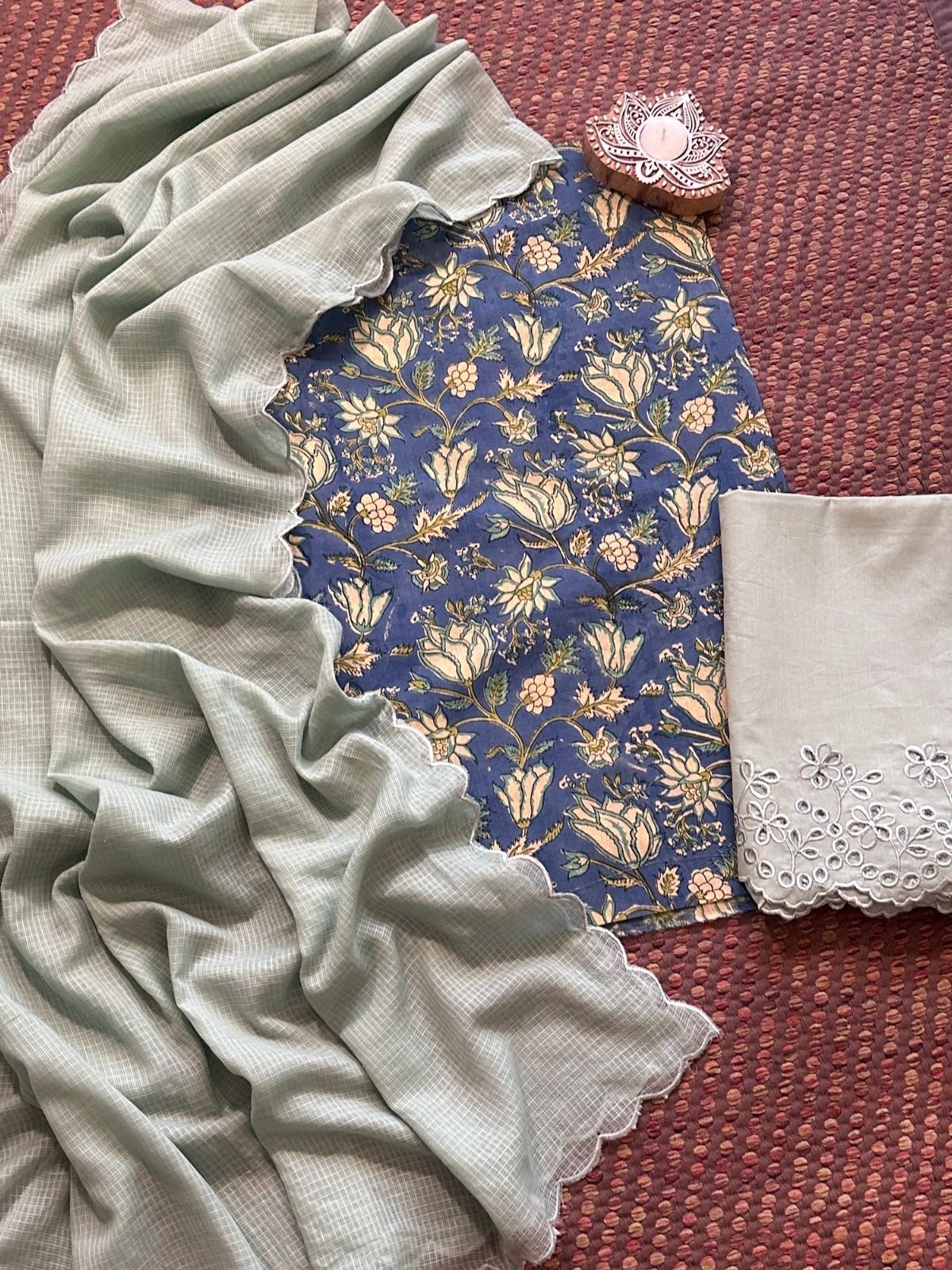 Pure Cotton Hand-blocked Fabric with Cutwork Bottom & Kota Doria Dupatta