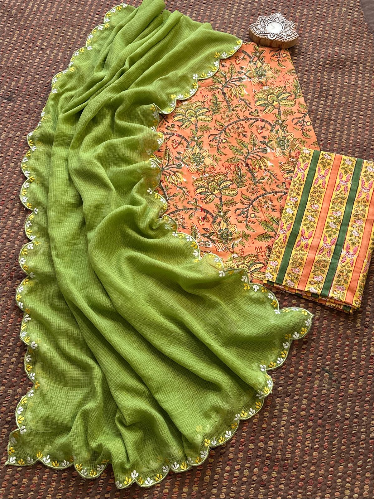 Premium Pure Cotton Malmal Hand blocked Set with Embroidered Dupatta