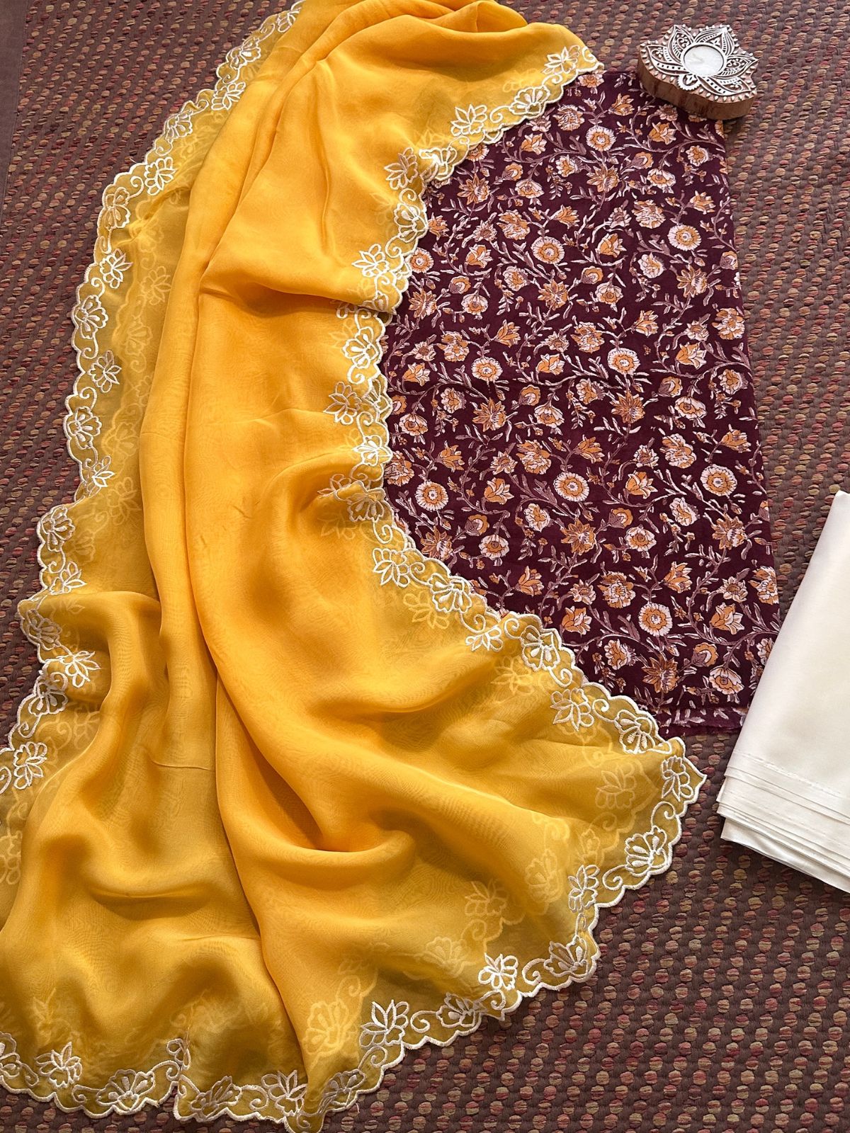 Pure Cotton Hand-blocked Fabric with Exclusive Organza Dupatta