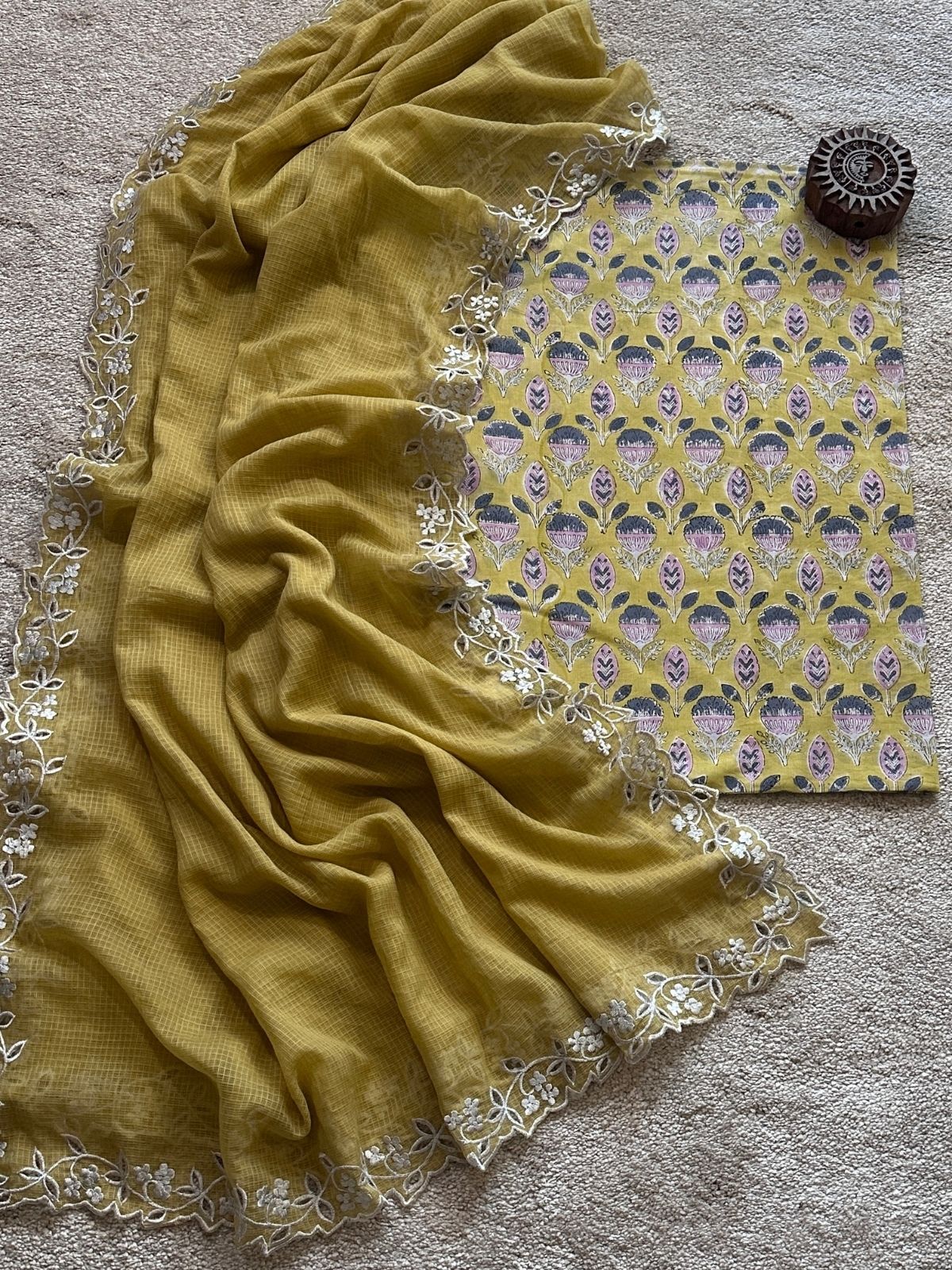 Ketaki Set- Sanganeri Block Print Fabric with Cutwork Embroidered Dupatta