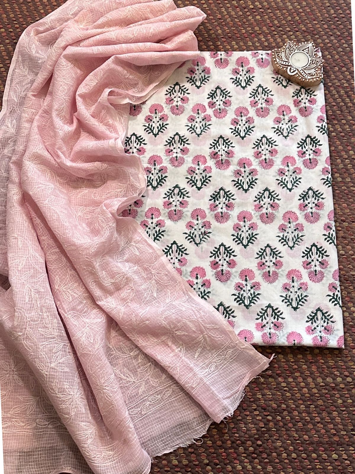 Pure Cotton Hand Blocked Fabric with Chikankari Dupatta