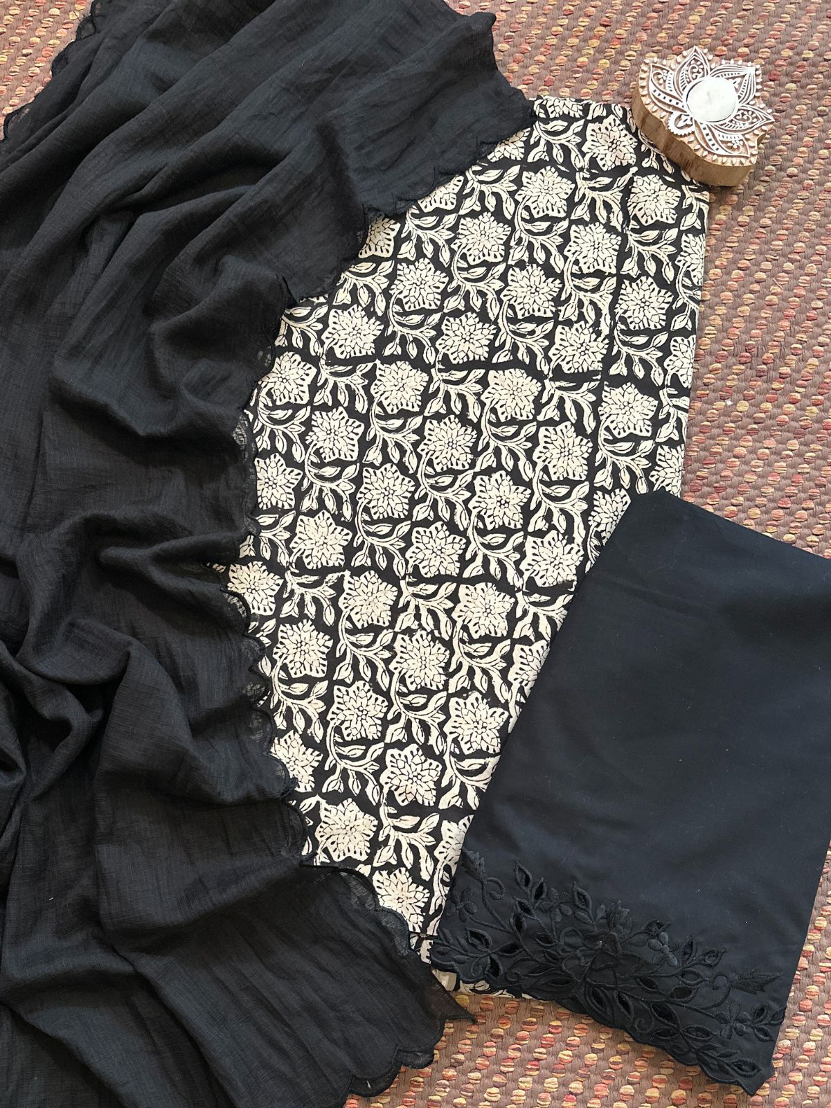 Pure Cotton Hand-blocked Fabric with Cutwork Bottom & Kota Doria Dupatta