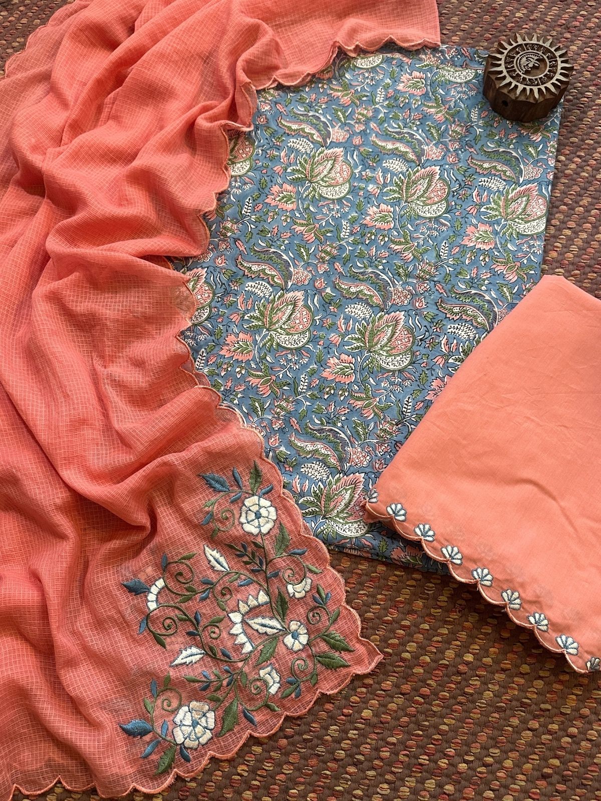Pure Cotton Hand-block Fabric with Embroidered Bottom & Kota Doria Dupatta