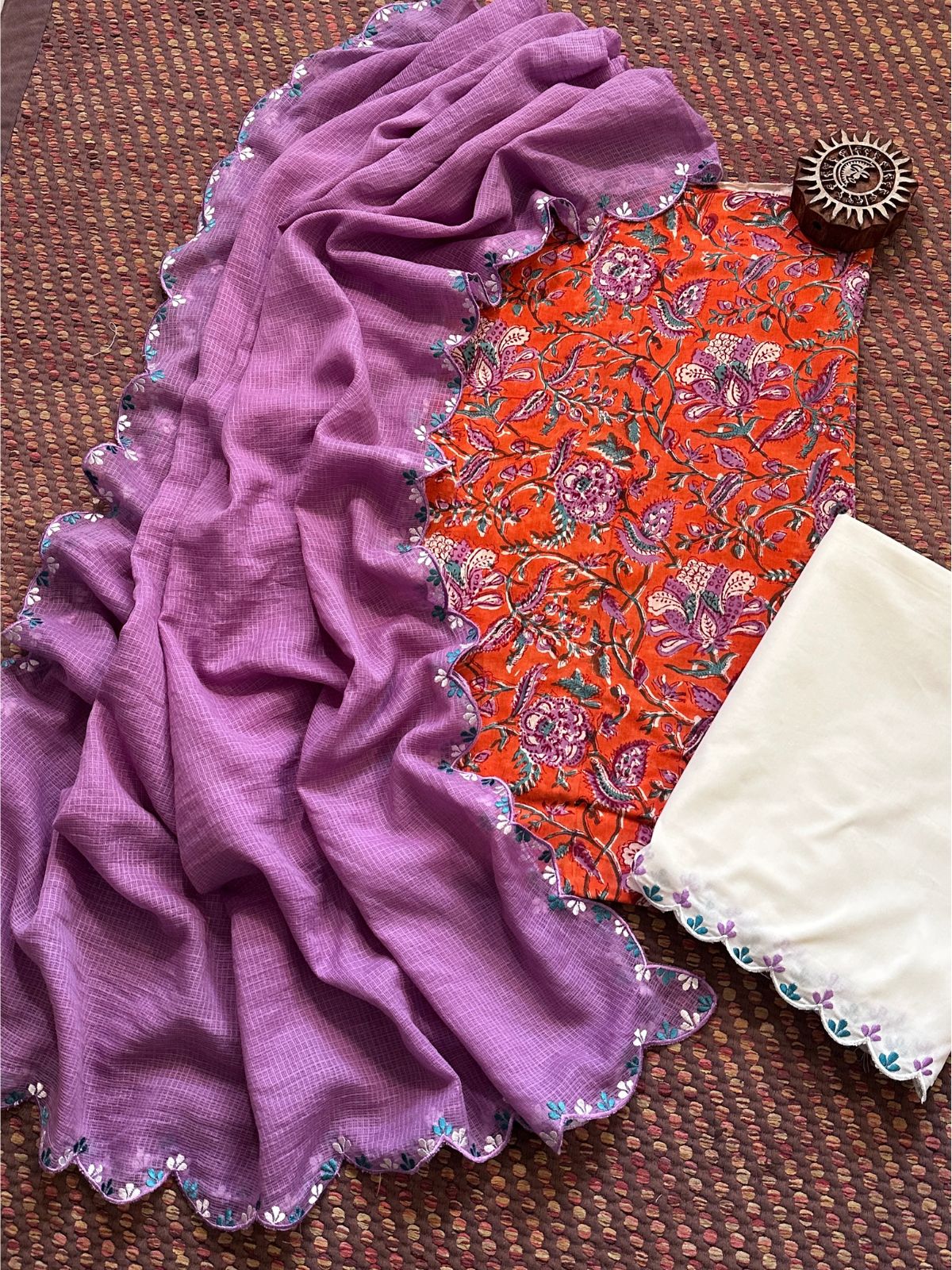 Pure Cotton Hand-block Fabric with Embroidered Bottom & Kota Doria Dupatta