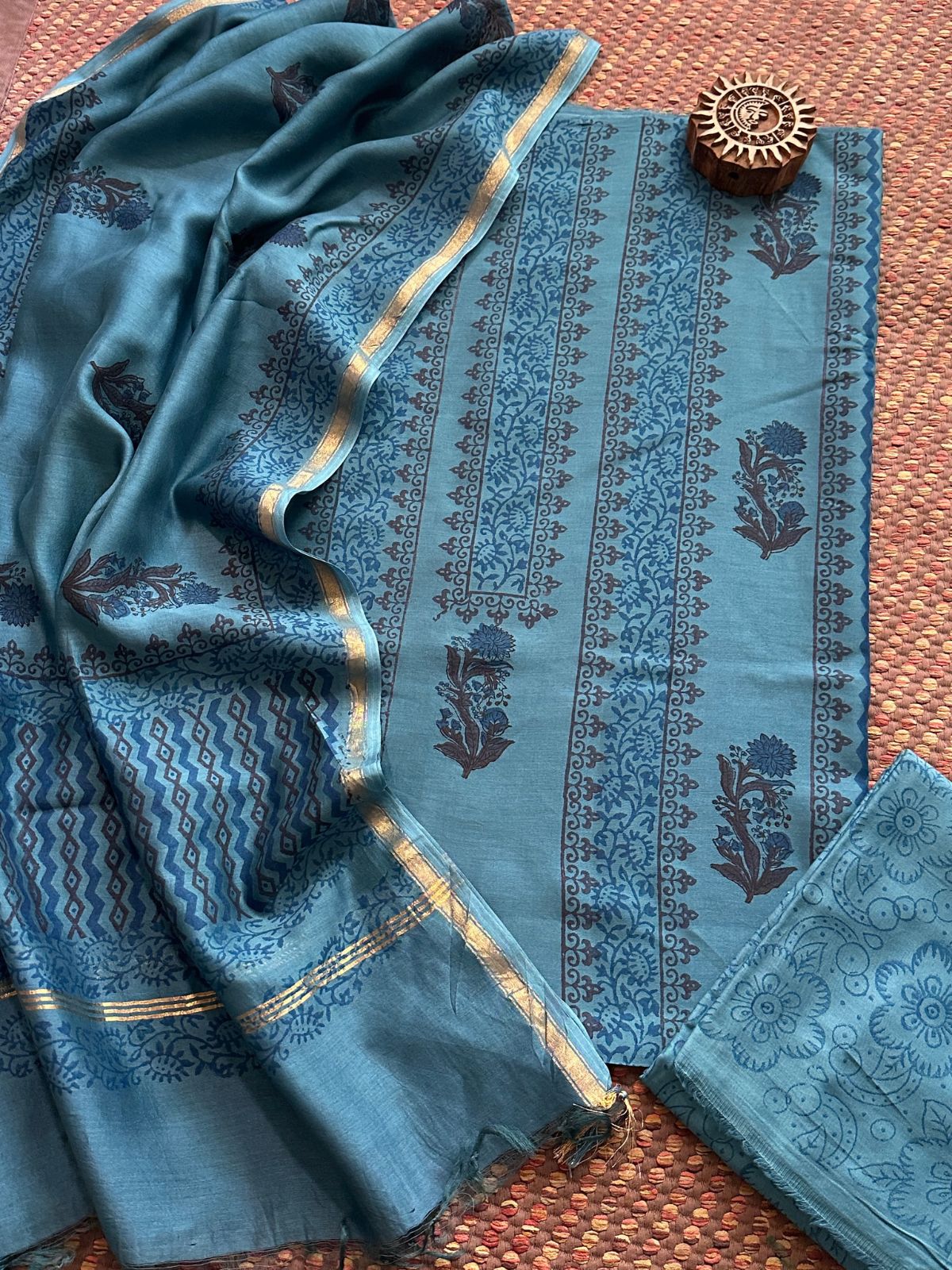 Hand-blocked Maheswari Unstitched Set
