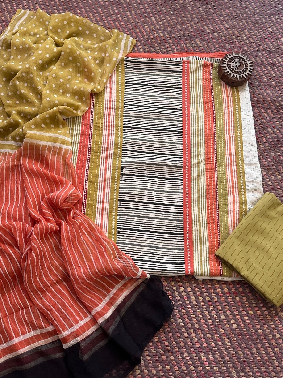 Pure Cotton Patch work Unstitched Set with pure chiffon Dupatta