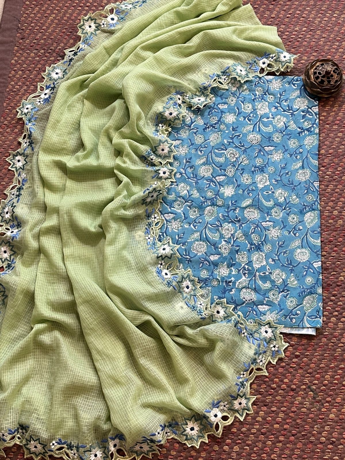 Pure Cotton Handblock Fabric with Exclusive Cutwork Embroidered Dupatta (Copy)