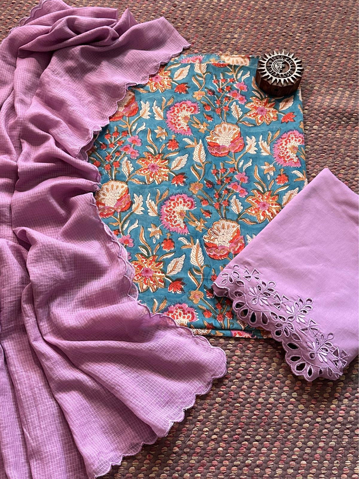 Pure Cotton Hand-blocked Fabric with Cutwork Bottom & Kota Doria Dupatta