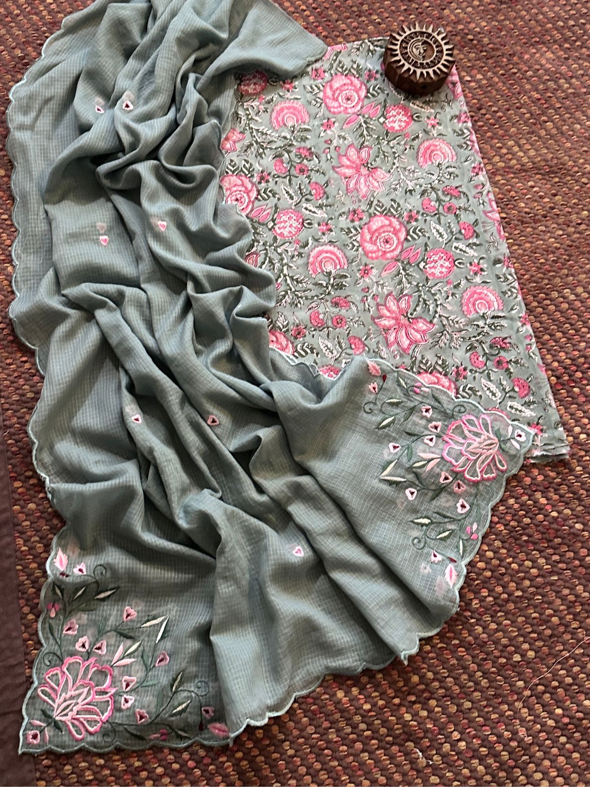 Pure Cotton Hand-blocked fabric set with Embroidered Dupatta