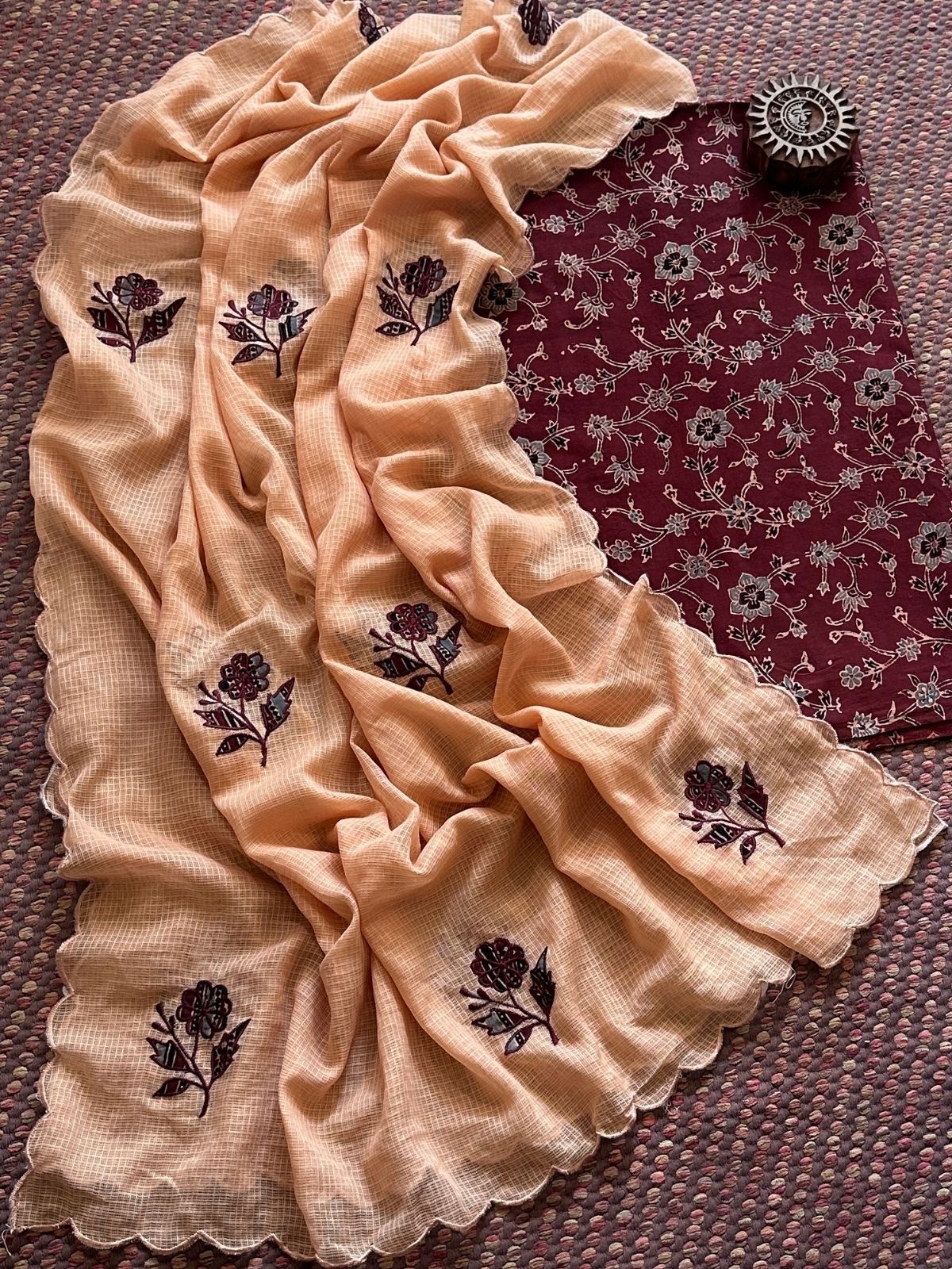 Ajrakh Cotton Malmal Unstitched Fabric with Applique Kota Dupatta