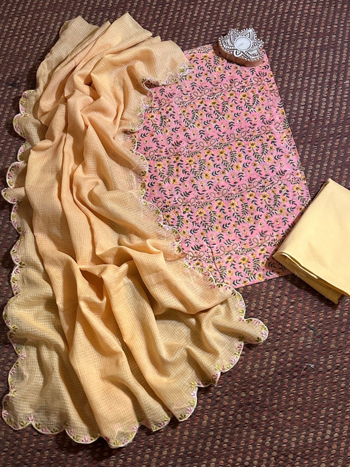 Pure Cotton malmal Hand-block Fabric with Embroidered Kota Doria Dupatta