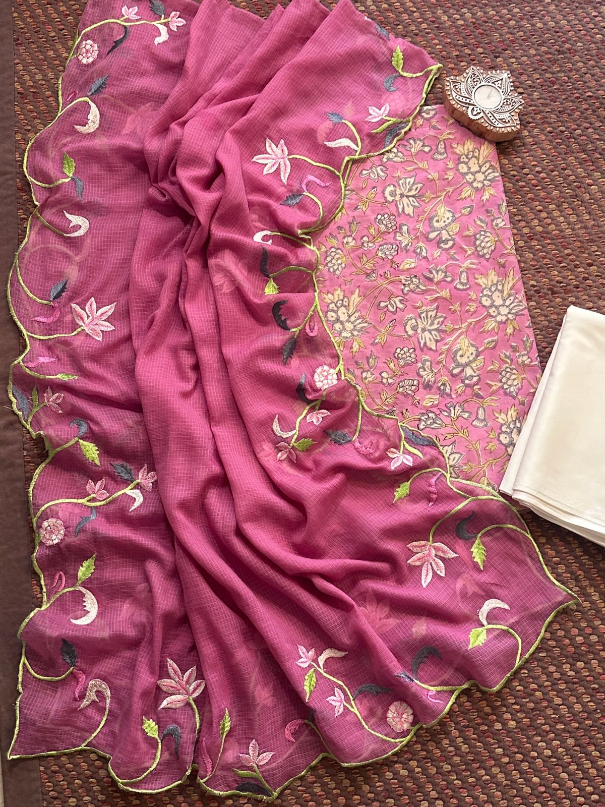 Pure Cotton Hand-blocked Fabric with Embroidered Dupatta