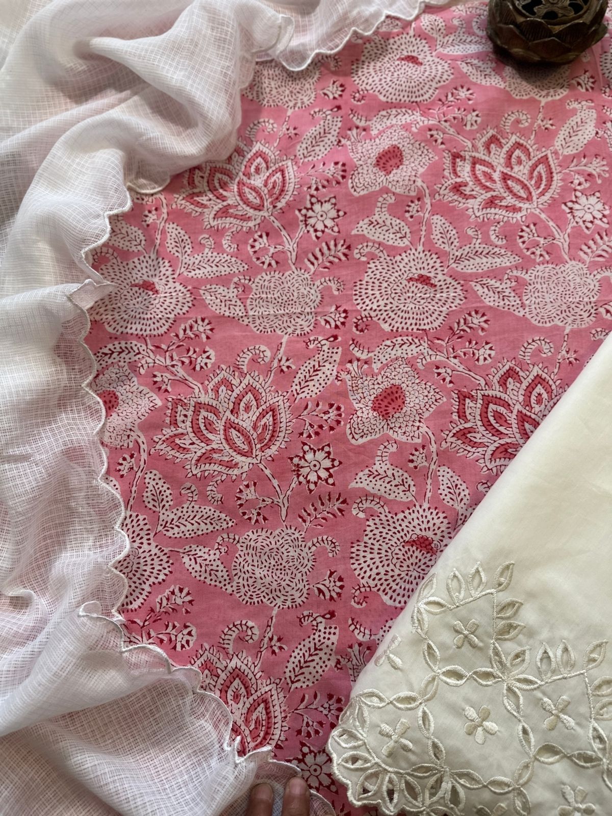 Pure Cotton Hand-blocked Fabric with Cutwork Bottom & Kota Doria Dupatta