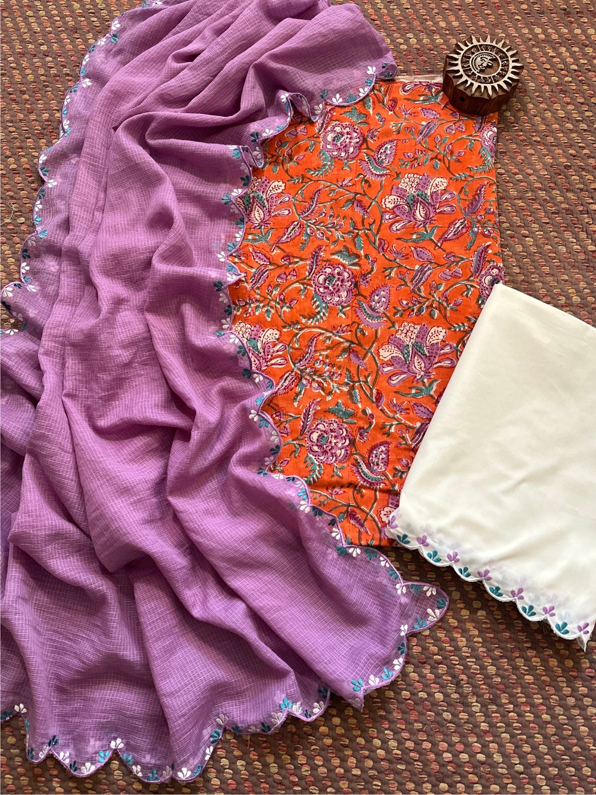 Pure Cotton Hand-block Fabric with Embroidered Bottom & Kota Doria Dupatta