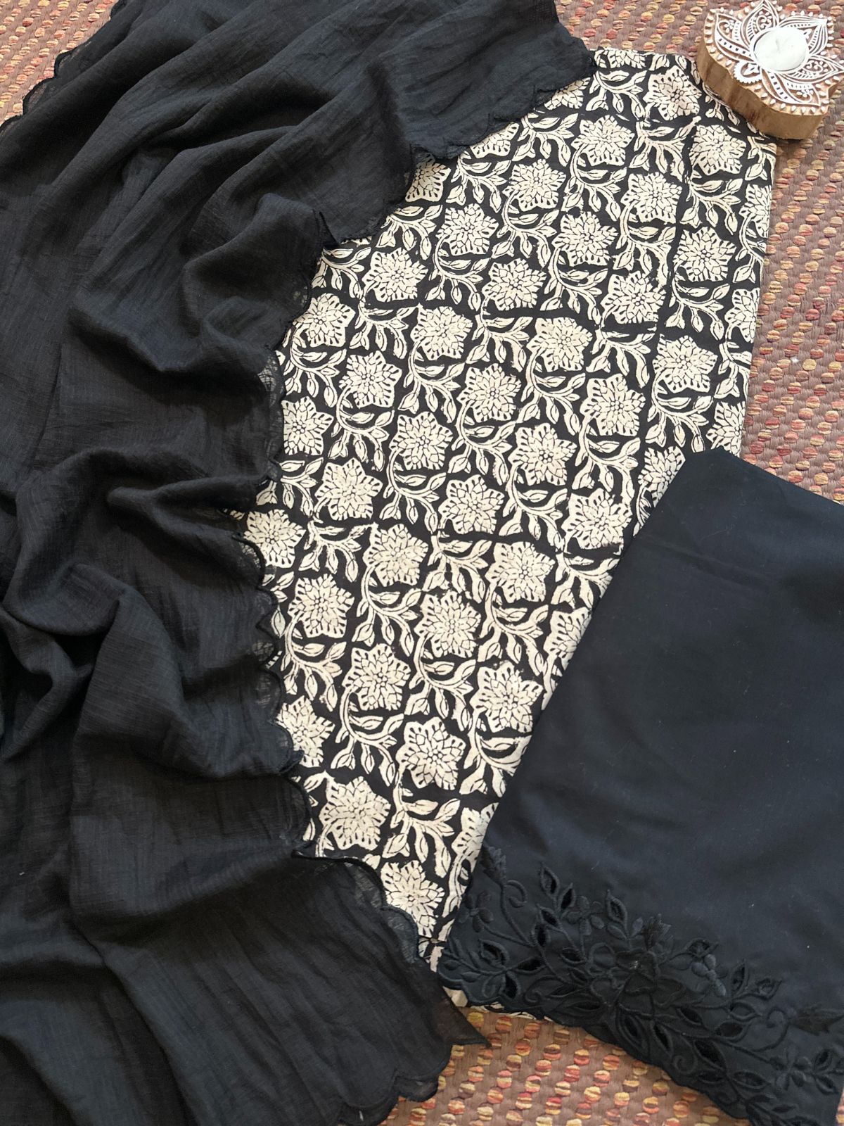 Pure Cotton Hand-blocked Fabric with Cutwork Bottom & Kota Doria Dupatta