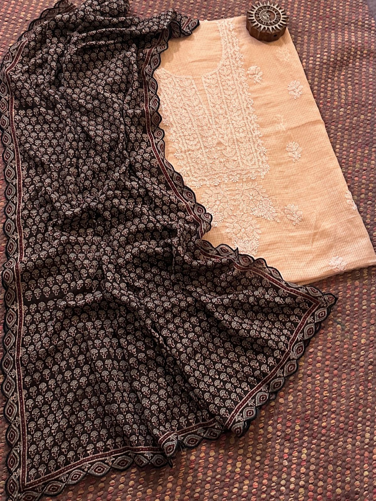 Chikankari Hand Embroidered Fabric with Ajrak Hadblocked Kota Dupatta