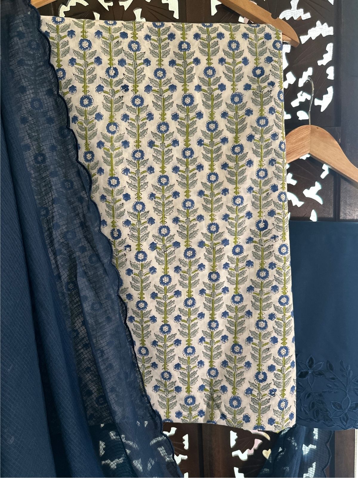 Pure Cotton Hand-blocked Fabric with Cutwork Bottom & Kota Doria Dupatta