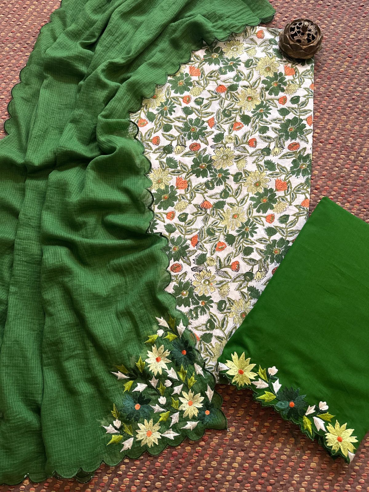 Pure Cotton Handblocked Fabric with Embroidered Dupatta & Bottom
