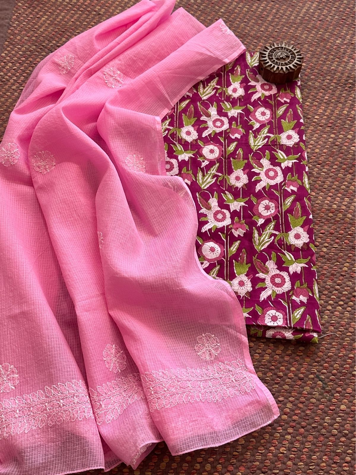 Pure Cotton Hand Blocked Fabric with Chikankari Dupatta