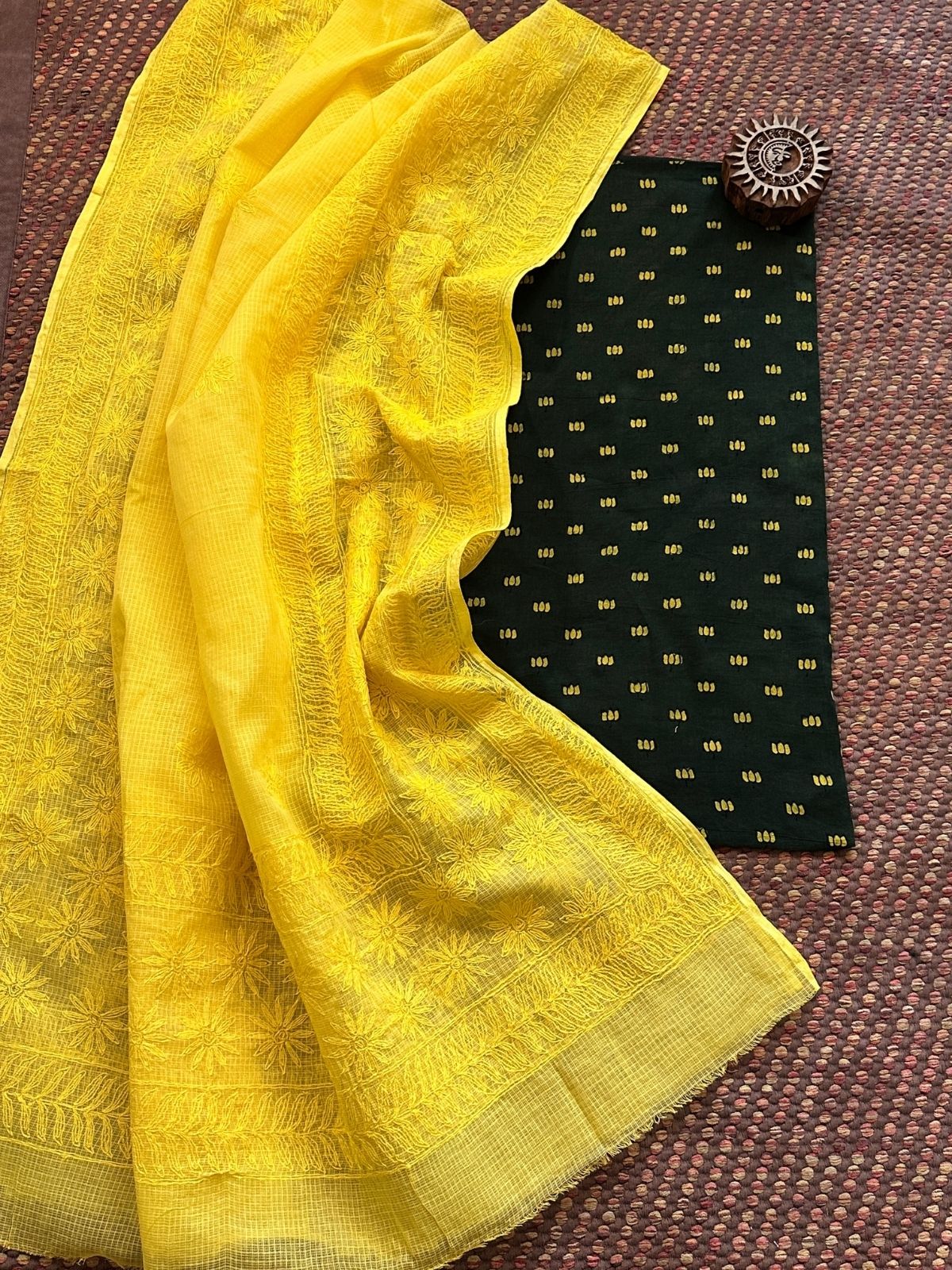 Ajrakh Handblocked Cotton Malmal Fabric with Chikankari Kota Dupatta Unstitched Set