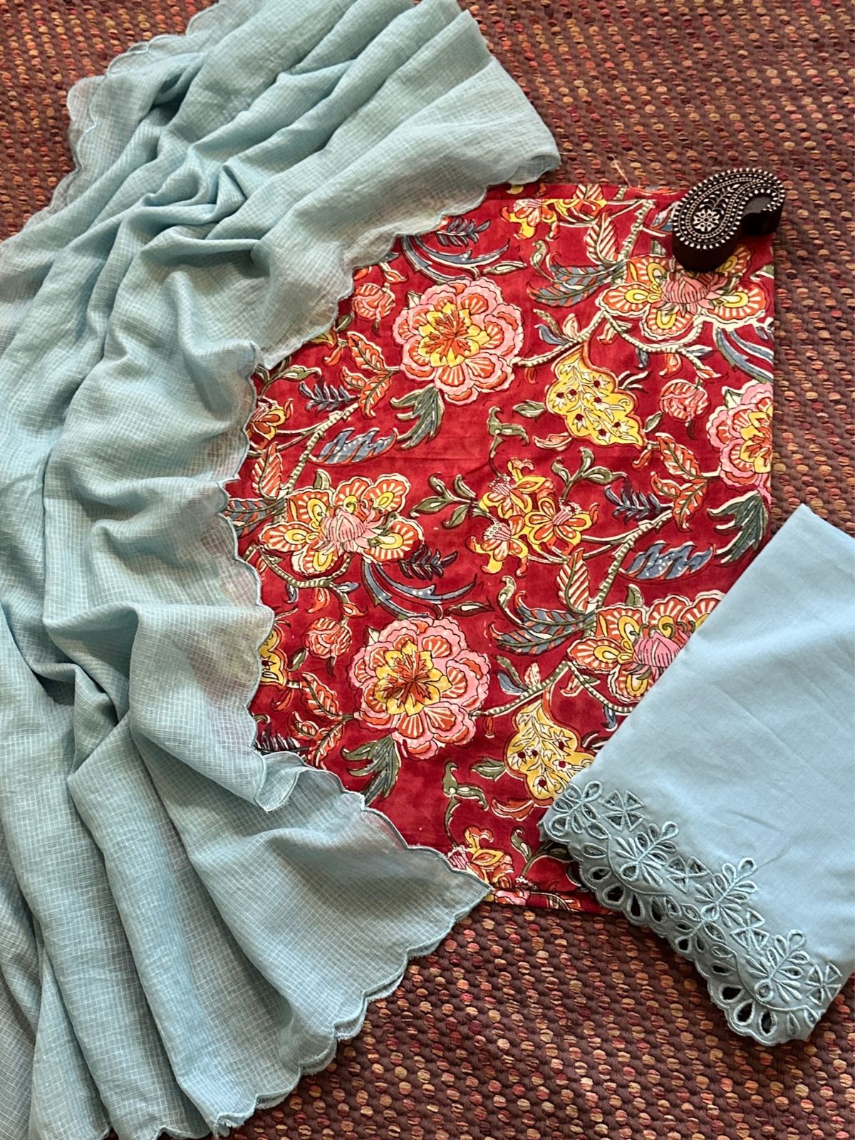 Pure Cotton Malmal Hand-blocked Fabric with Cutwork Bottom & Kota Doria Dupatta