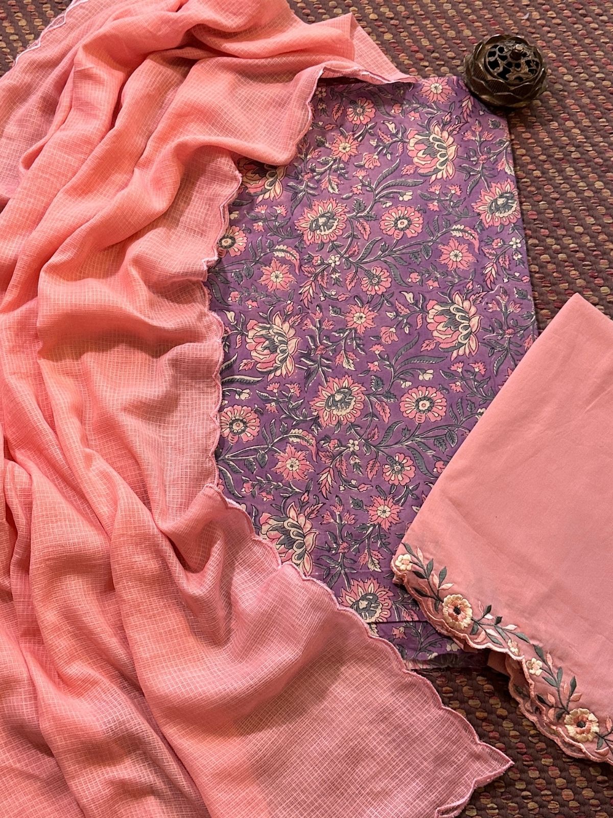 Pure Cotton Malmal Handblocked Unstitched Set