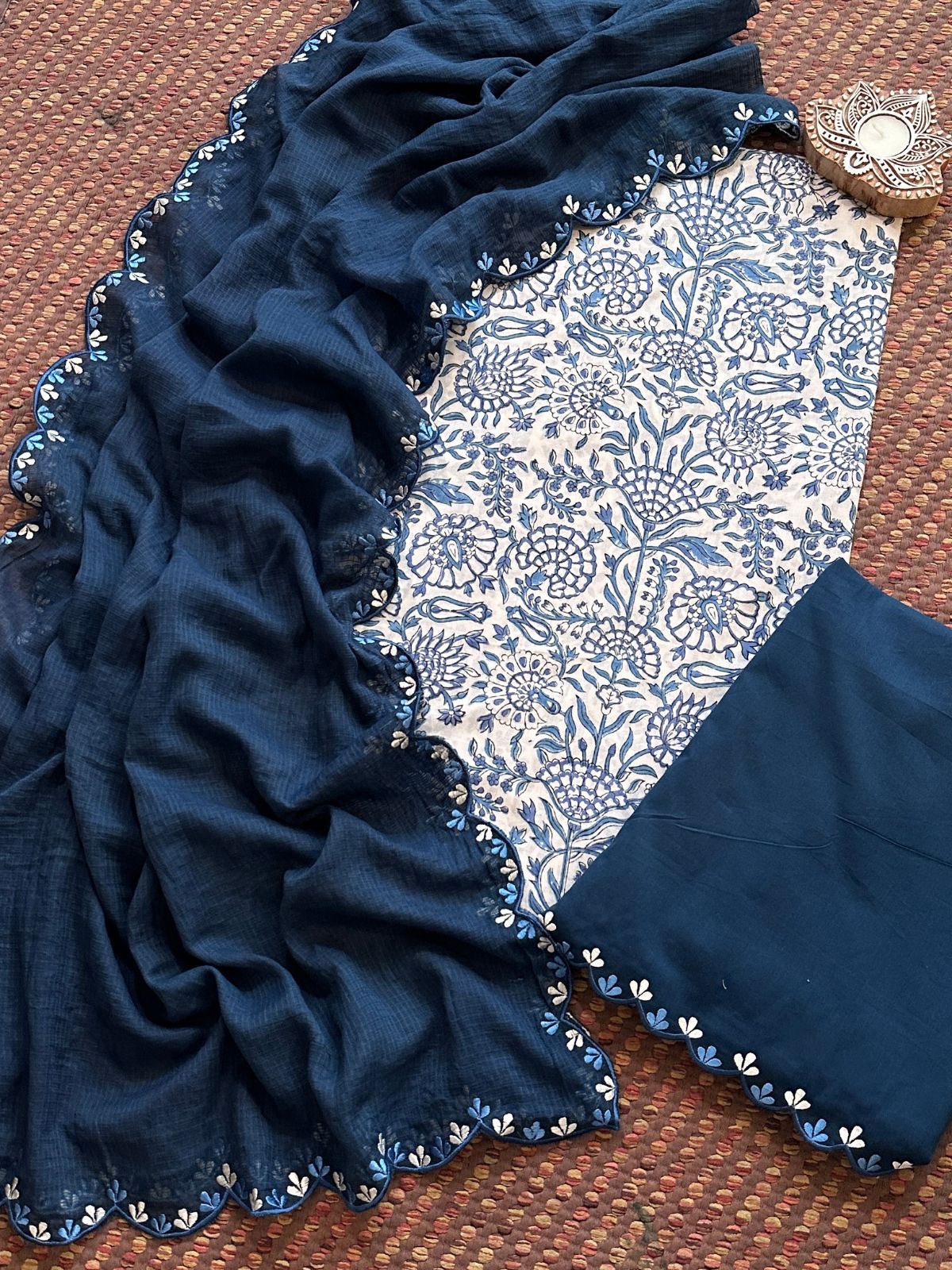 Pure Cotton Hand blocked Set with Embroidered Dupatta