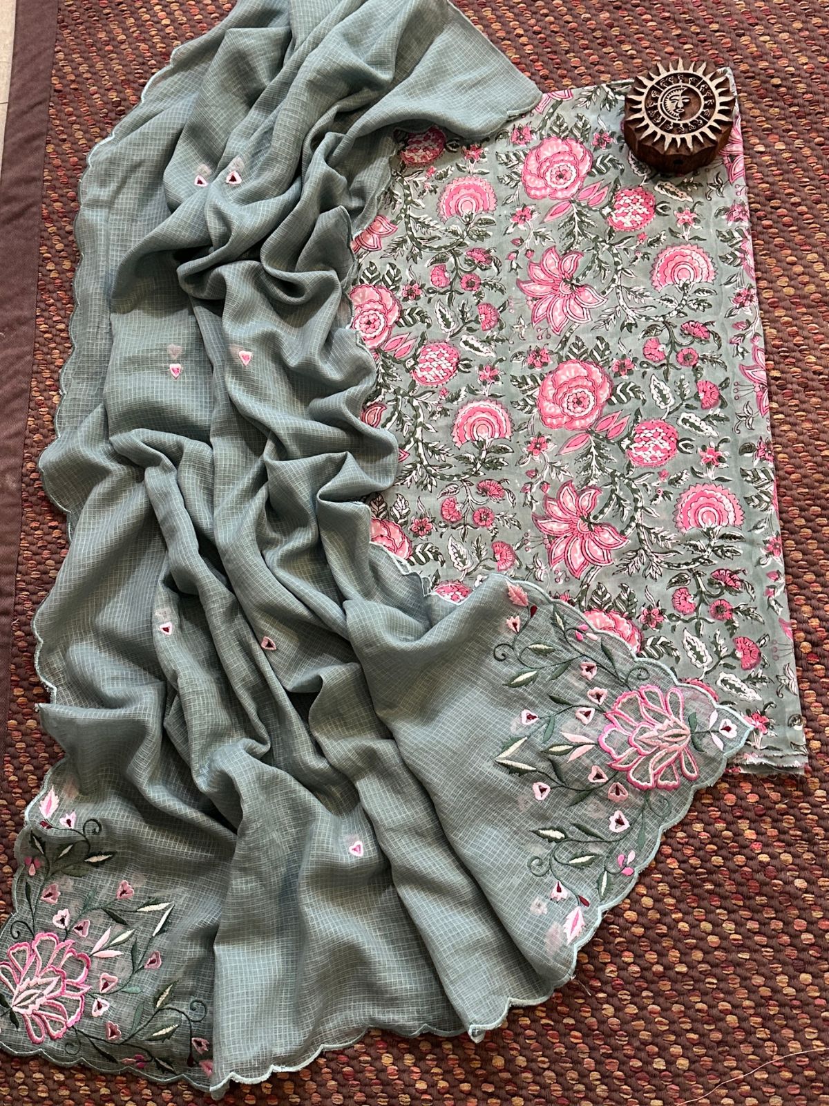 Pure Cotton Hand-blocked fabric set with Embroidered Dupatta