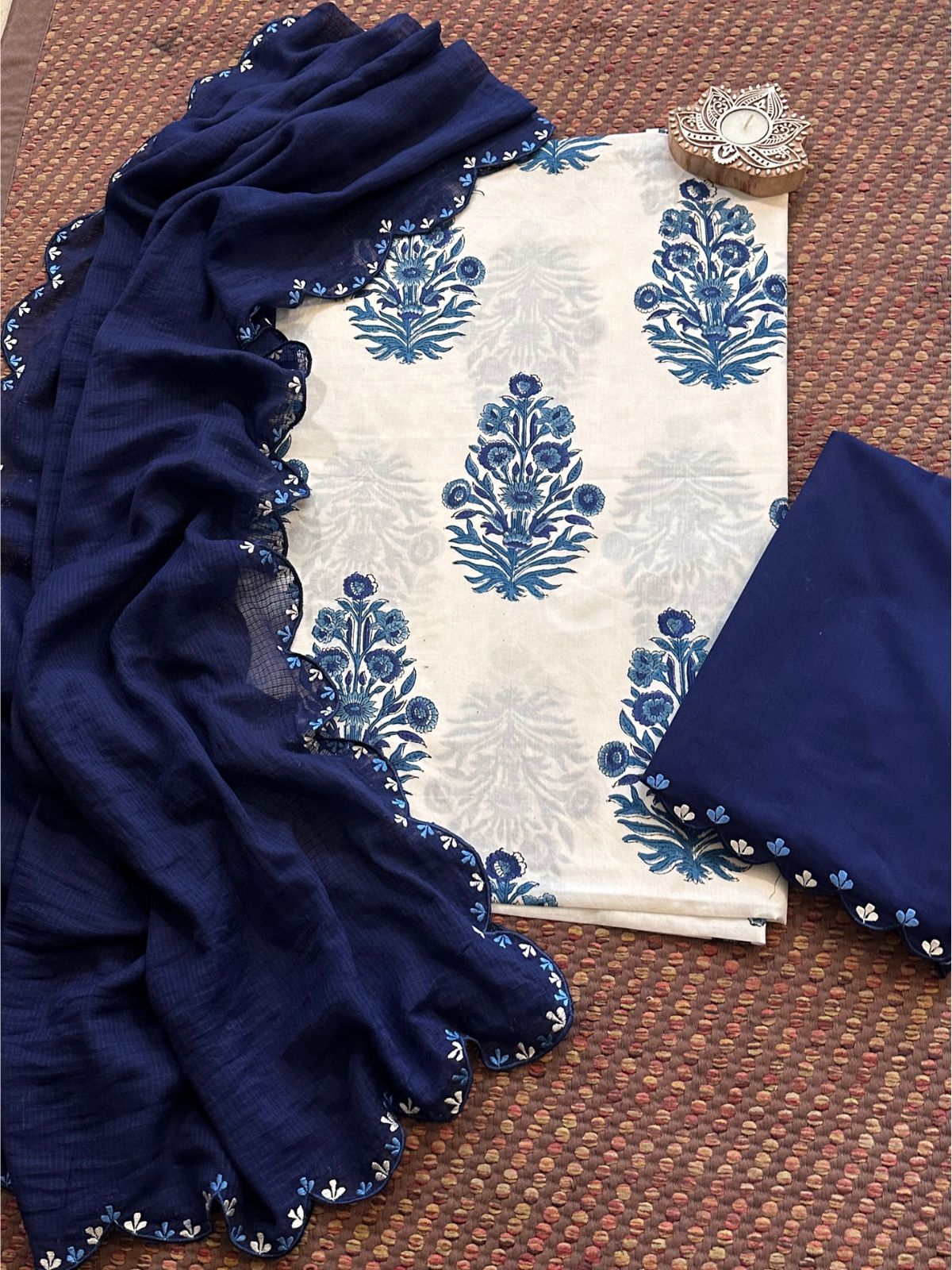 Pure Cotton Hand-block Fabric with Exclusive Embroidered Bottom & Kota Doria Dupatta