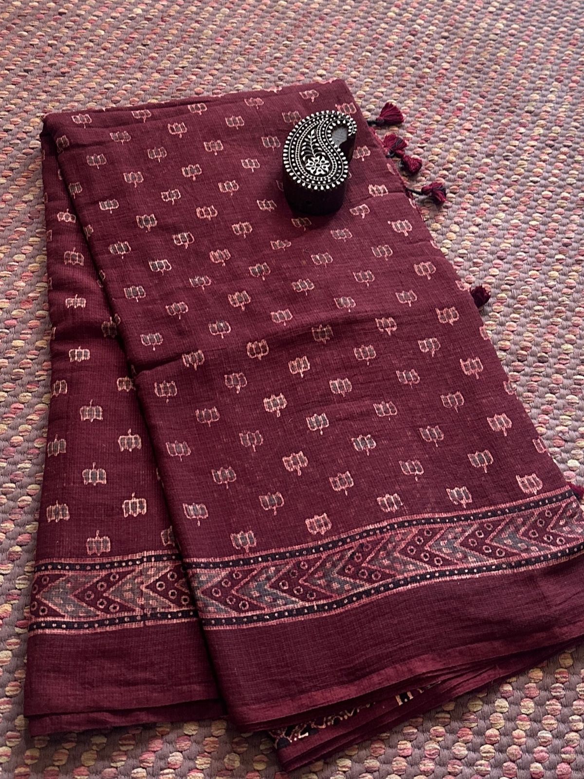 Ajrak Handblocked Kota Doria Embroidered Saree with Blouse Fabric