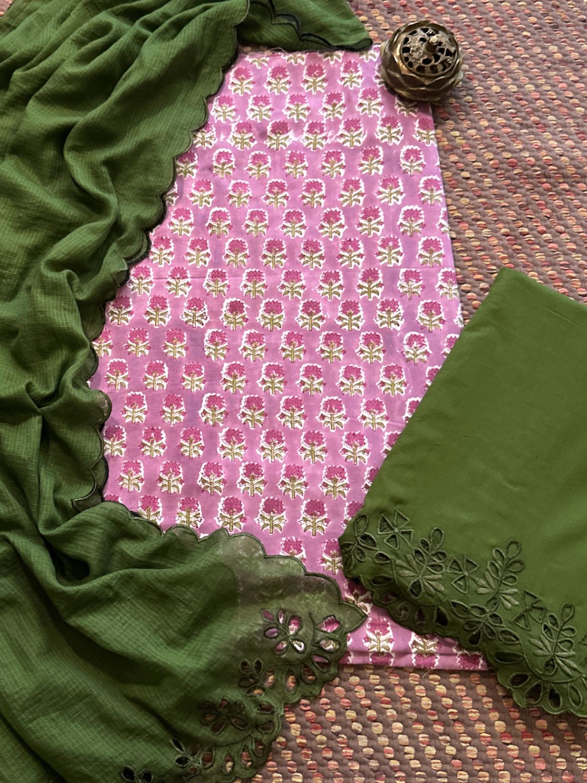 Pure Cotton Hand-blocked Fabric with Cutwork Bottom & Kota Doria Dupatta