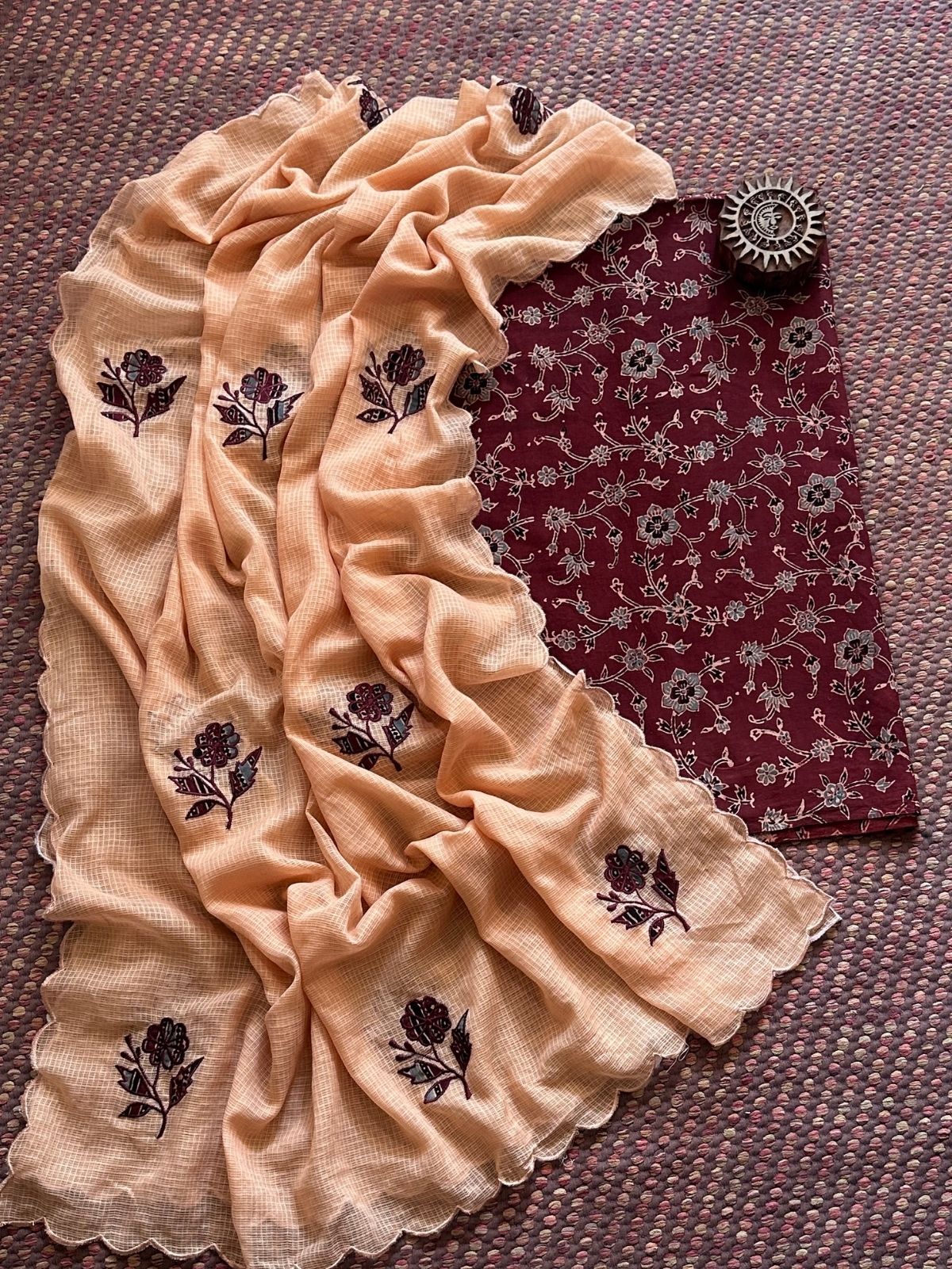 Ajrakh Cotton Malmal Unstitched Fabric with Applique Kota Dupatta