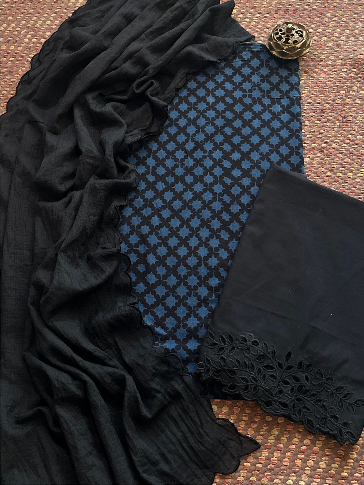 Pure Cotton Malmal Ajrak Fabric withCutwork Bottom & Kota Dupatta