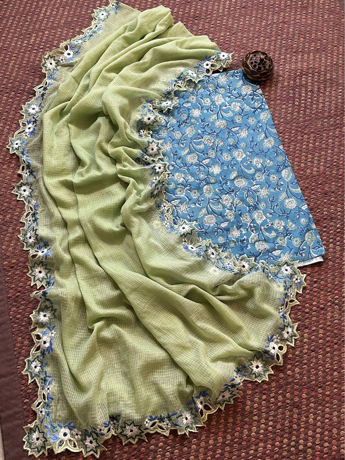 Pure Cotton Handblock Fabric with Exclusive Cutwork Embroidered Dupatta (Copy)